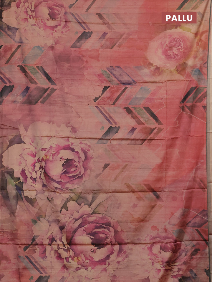 Peach Pink & Olive Green Printed Silk - Floral Prints