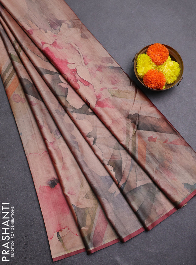 Peach & Maroon Printed Silk - Floral Prints
