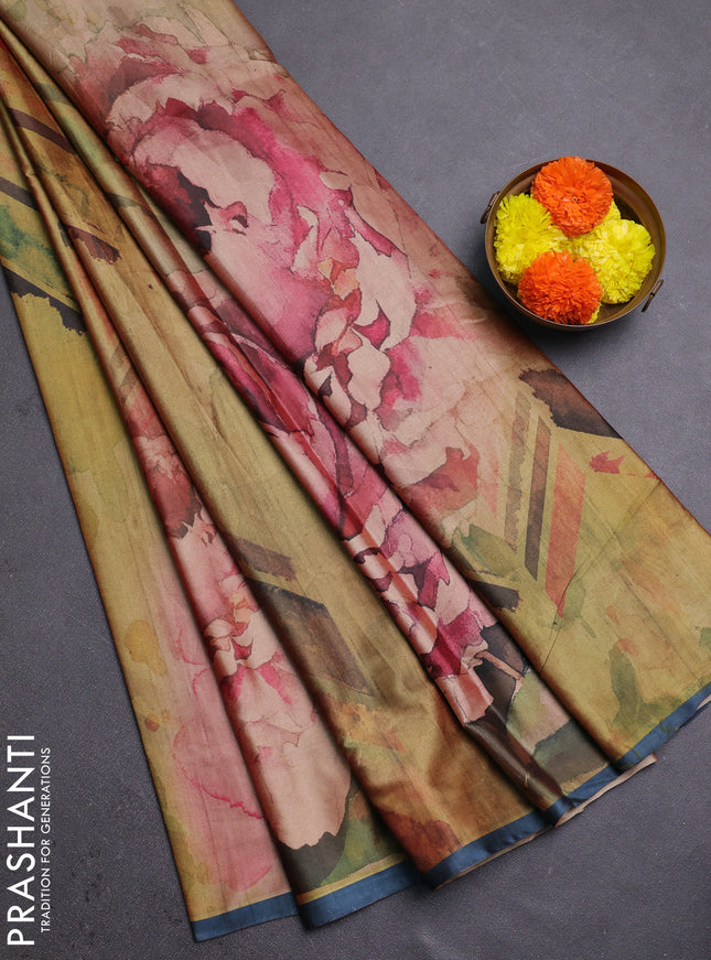Elaichi Green & Grey Printed Silk - Floral Prints