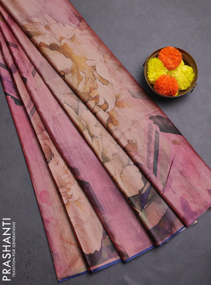 Pink & Navy Blue Printed Silk - Floral Prints