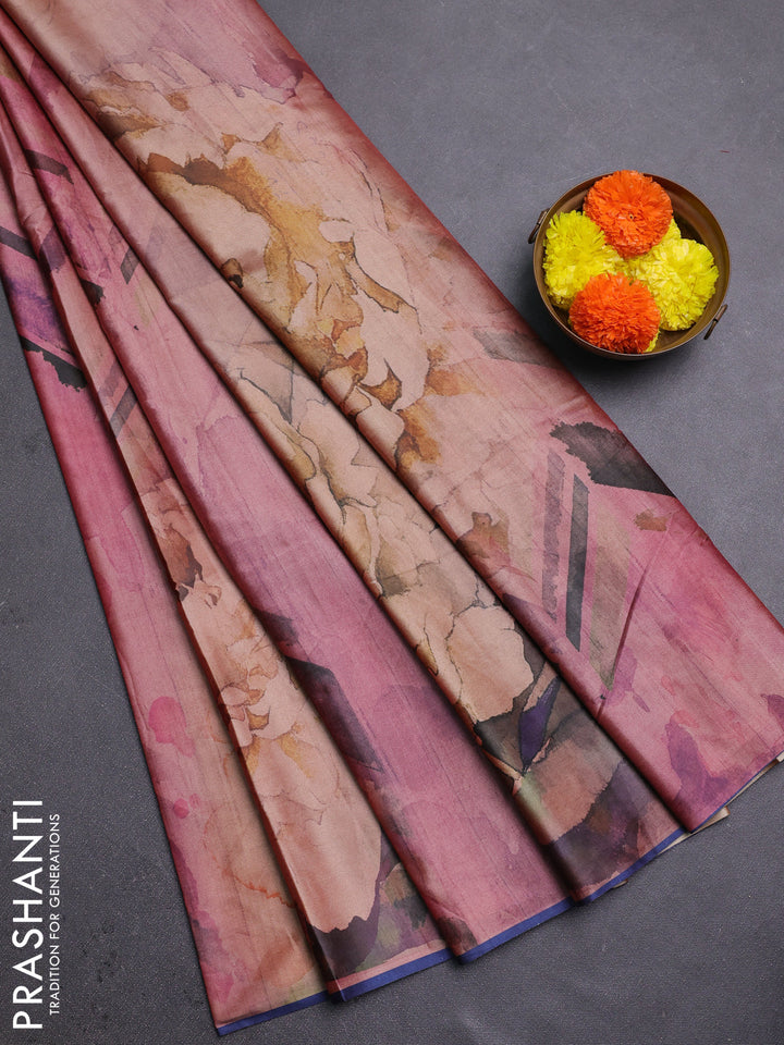 Pink & Navy Blue Printed Silk - Floral Prints