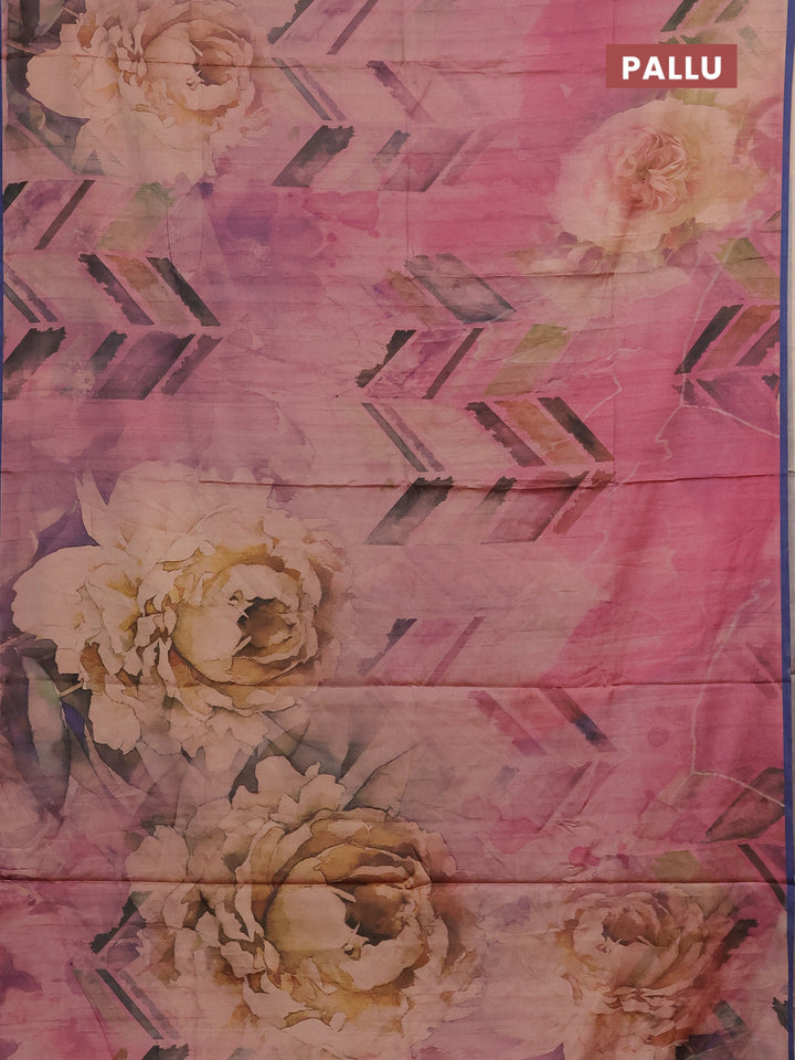 Pink & Navy Blue Printed Silk - Floral Prints