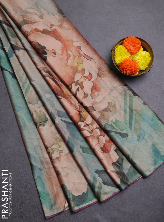 Green & Wine Printed Silk - Floral Prints