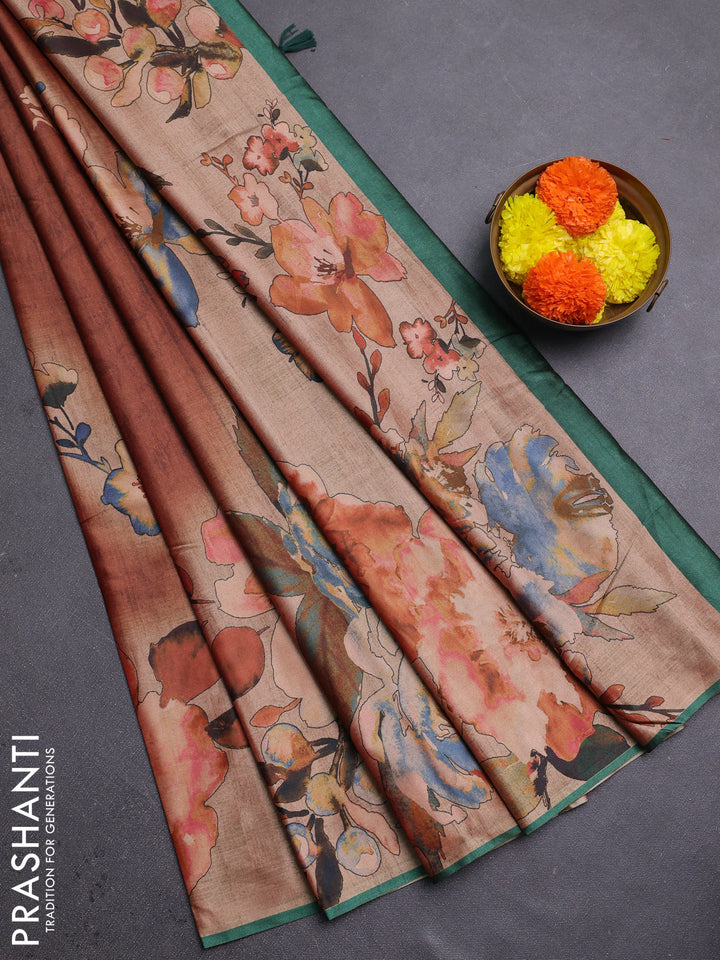 Brown & Green Printed Silk - Floral Prints