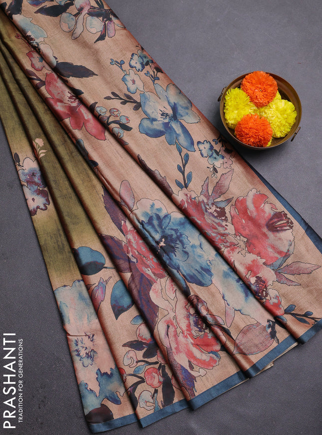 Green & Peacock Blue Printed Silk - Floral Prints