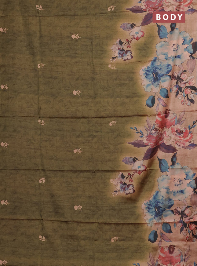 Green & Peacock Blue Printed Silk - Floral Prints