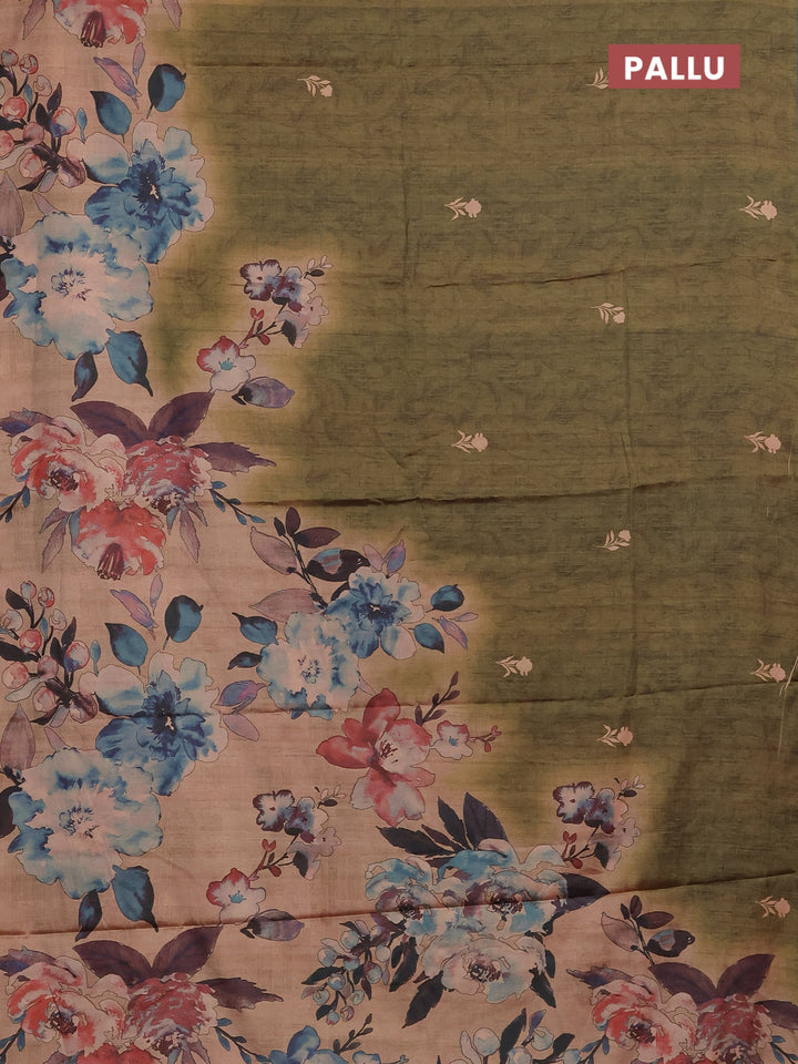 Green & Peacock Blue Printed Silk - Floral Prints