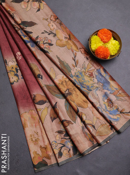 Maroon & Olive Green Printed Silk - Floral Prints