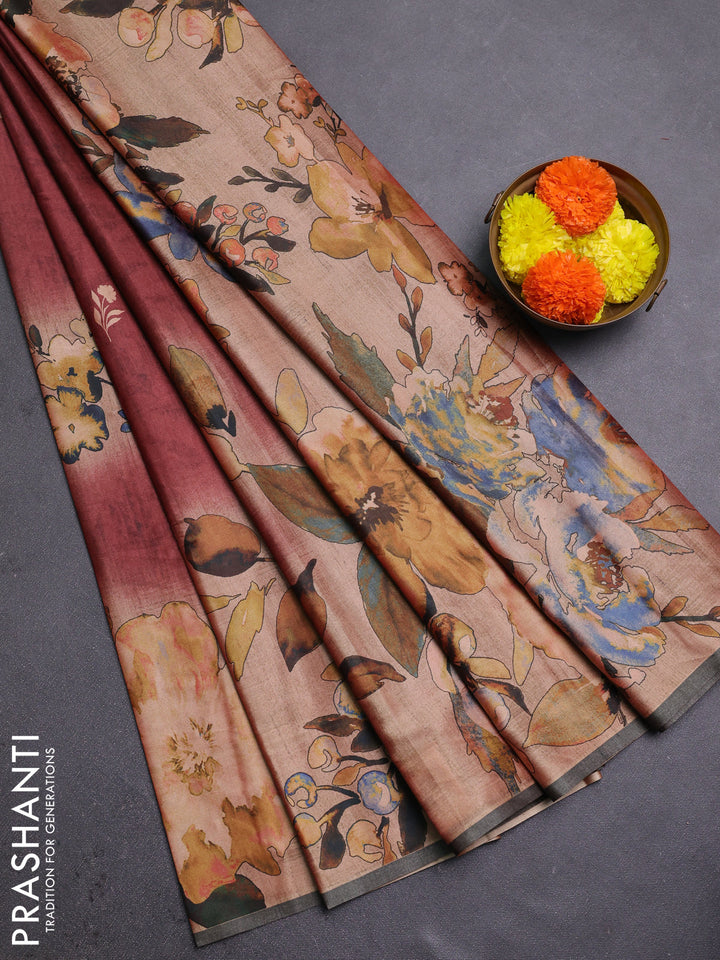 Maroon & Olive Green Printed Silk - Floral Prints
