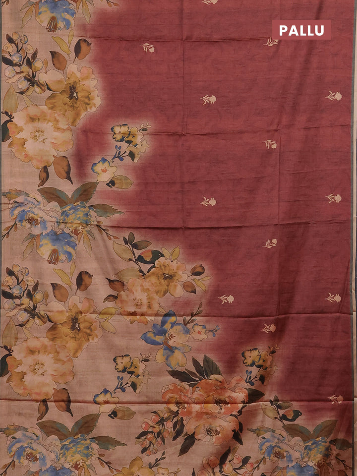 Maroon & Olive Green Printed Silk - Floral Prints