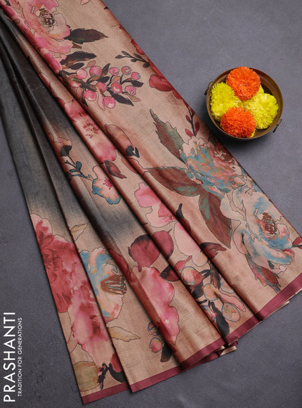 Grey & Pastel Maroon Printed Silk - Floral Prints