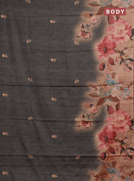 Grey & Pastel Maroon Printed Silk - Floral Prints