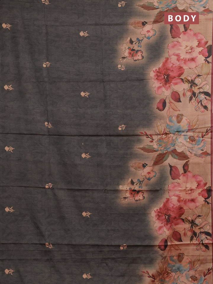 Grey & Pastel Maroon Printed Silk - Floral Prints