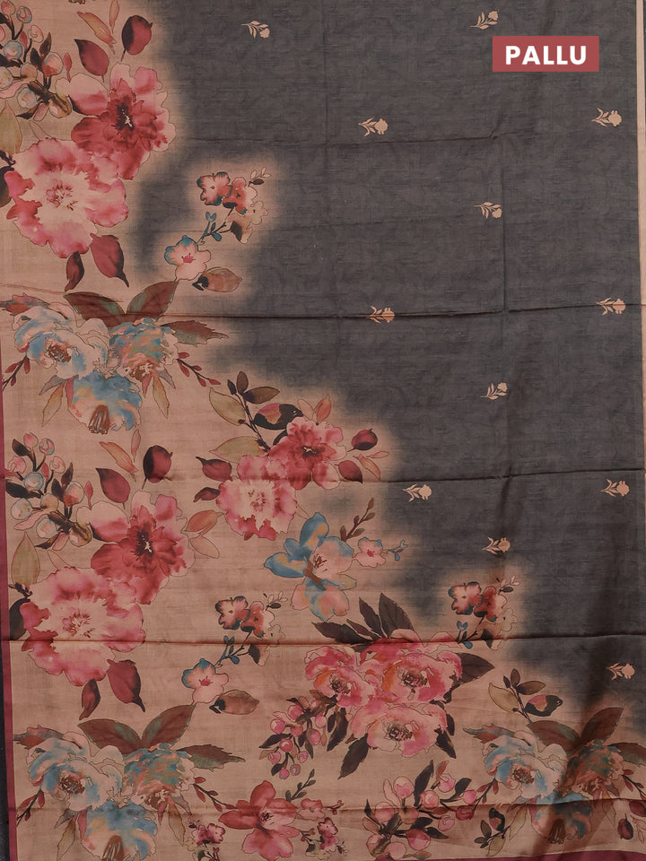 Grey & Pastel Maroon Printed Silk - Floral Prints
