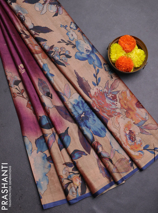 Magenta Pink & Navy Blue Printed Silk - Floral Prints