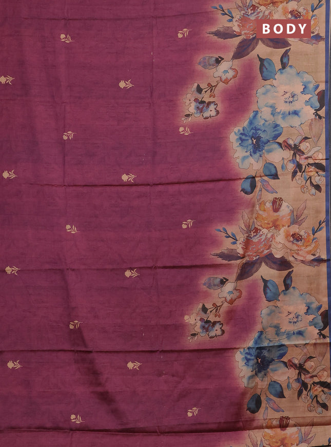 Magenta Pink & Navy Blue Printed Silk - Floral Prints