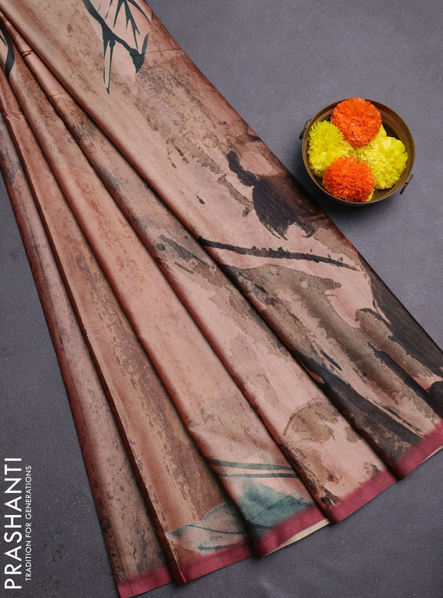 Peach & Maroon Printed Silk - Floral Prints