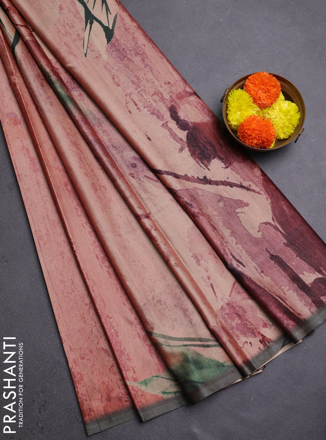 Peach & Olive Green Printed Silk - Floral Prints