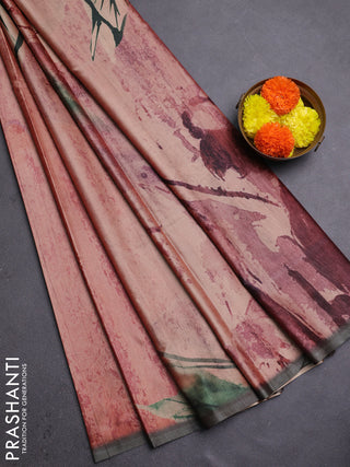 Peach & Olive Green Printed Silk - Floral Prints