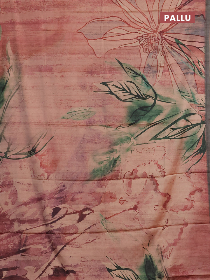 Peach & Olive Green Printed Silk - Floral Prints