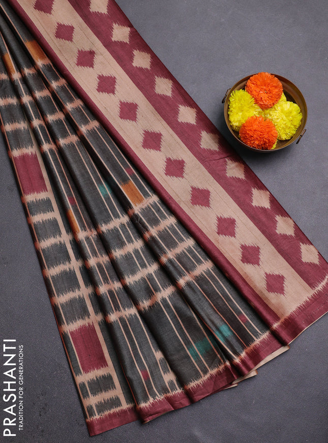 Grey & Maroon Printed Silk - Ikat Prints