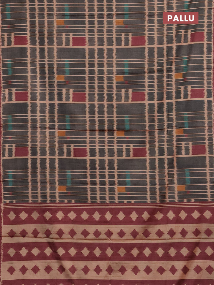 Grey & Maroon Printed Silk - Ikat Prints