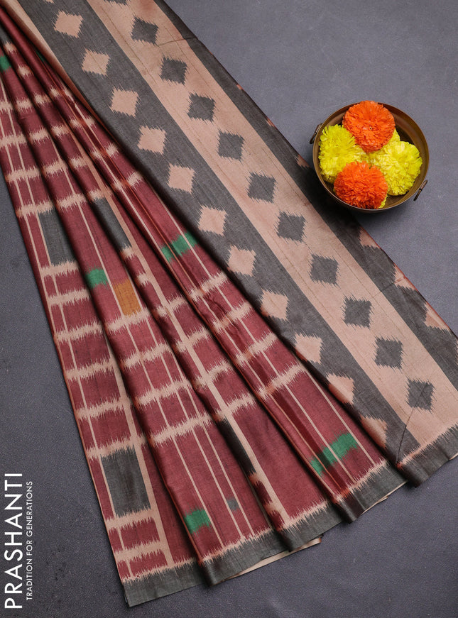 Maroon & Grey Printed Silk - Ikat Prints