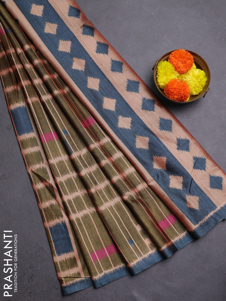 Sap Green & Grey Printed Silk - Ikat Prints