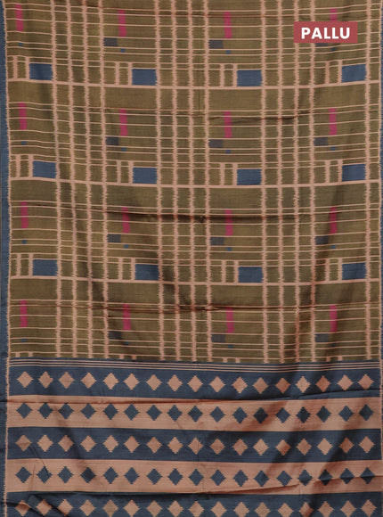 Sap Green & Grey Printed Silk - Ikat Prints