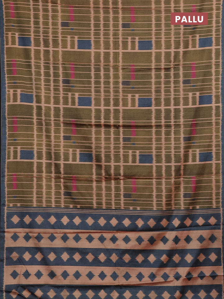 Sap Green & Grey Printed Silk - Ikat Prints
