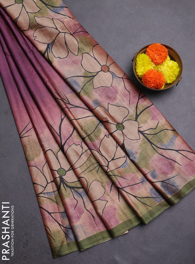 Wine & Green Printed Silk - Floral Prints