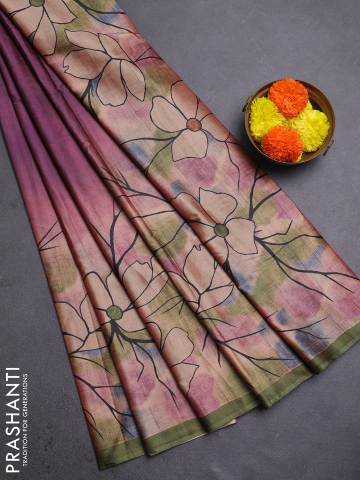 Wine & Green Printed Silk - Floral Prints