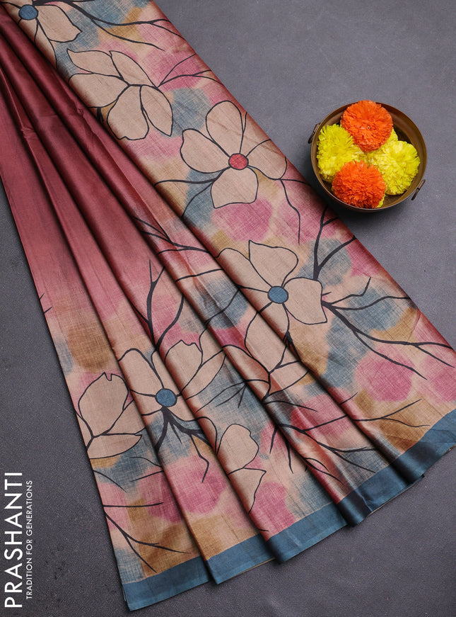 Maroon & Grey Printed Silk - Floral Prints