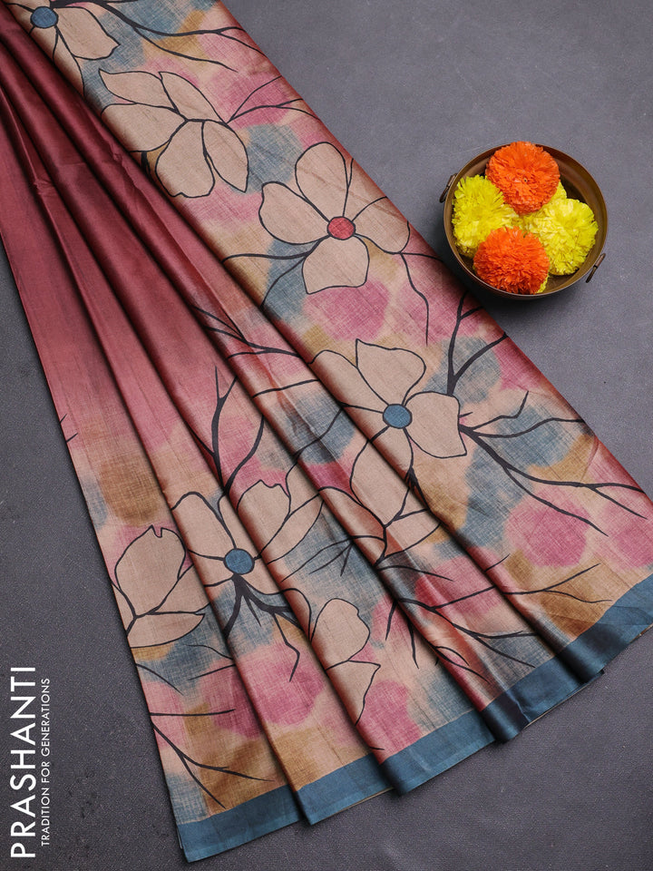 Maroon & Grey Printed Silk - Floral Prints