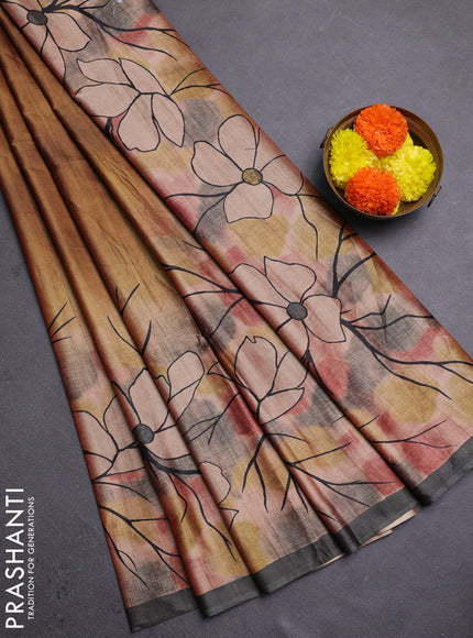 Mustard Yellow & Grey Printed Silk - Floral Prints