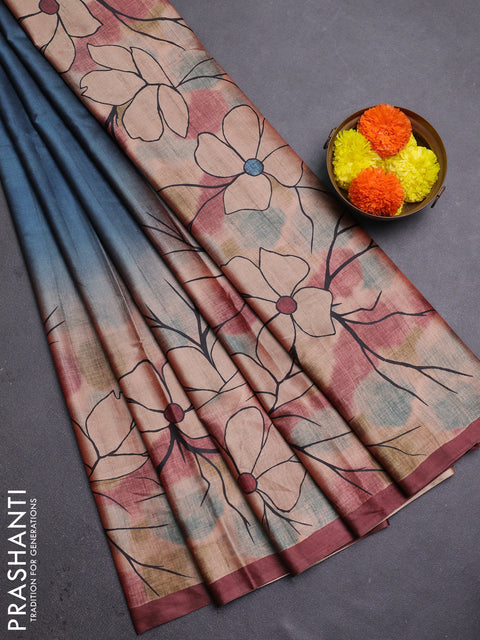 Grey & Maroon Printed Silk - Floral Prints