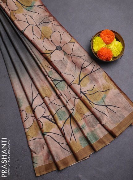 Grey & Mehendi Green Printed Silk - Floral Prints