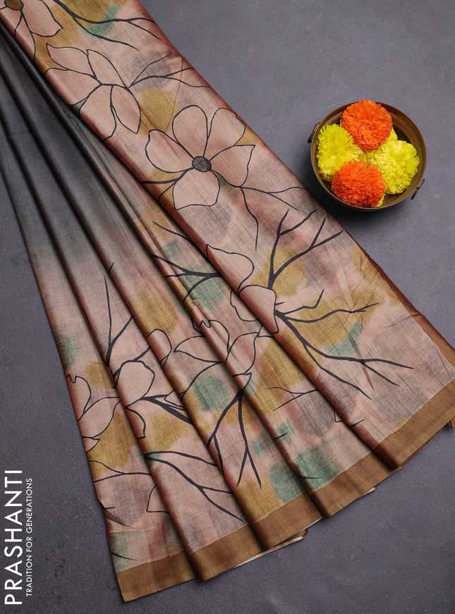 Grey & Mehendi Green Printed Silk - Floral Prints