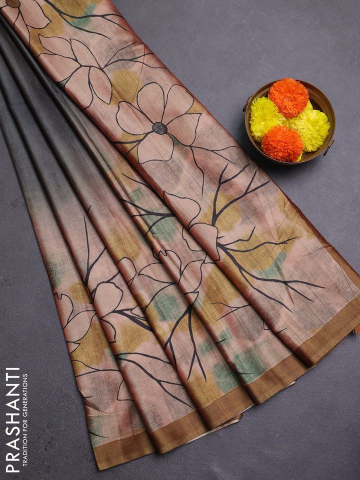 Grey & Mehendi Green Printed Silk - Floral Prints