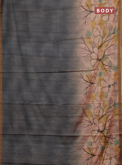 Grey & Mehendi Green Printed Silk - Floral Prints