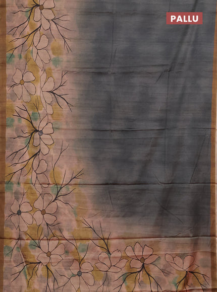 Grey & Mehendi Green Printed Silk - Floral Prints