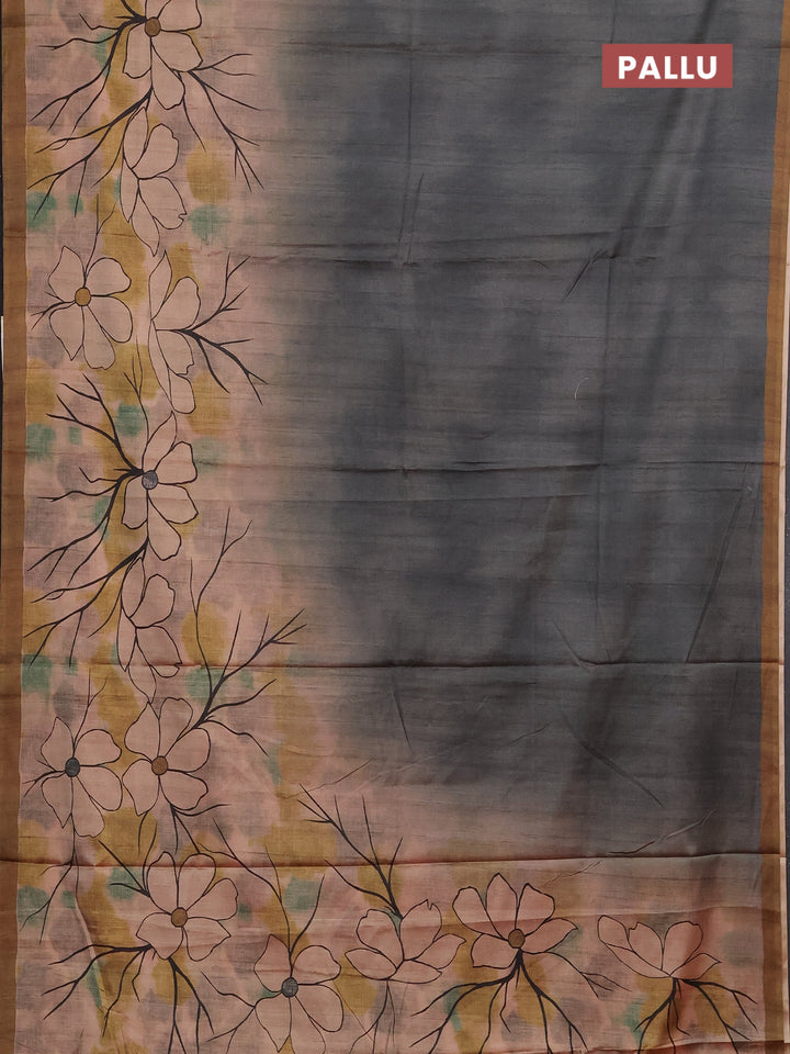 Grey & Mehendi Green Printed Silk - Floral Prints