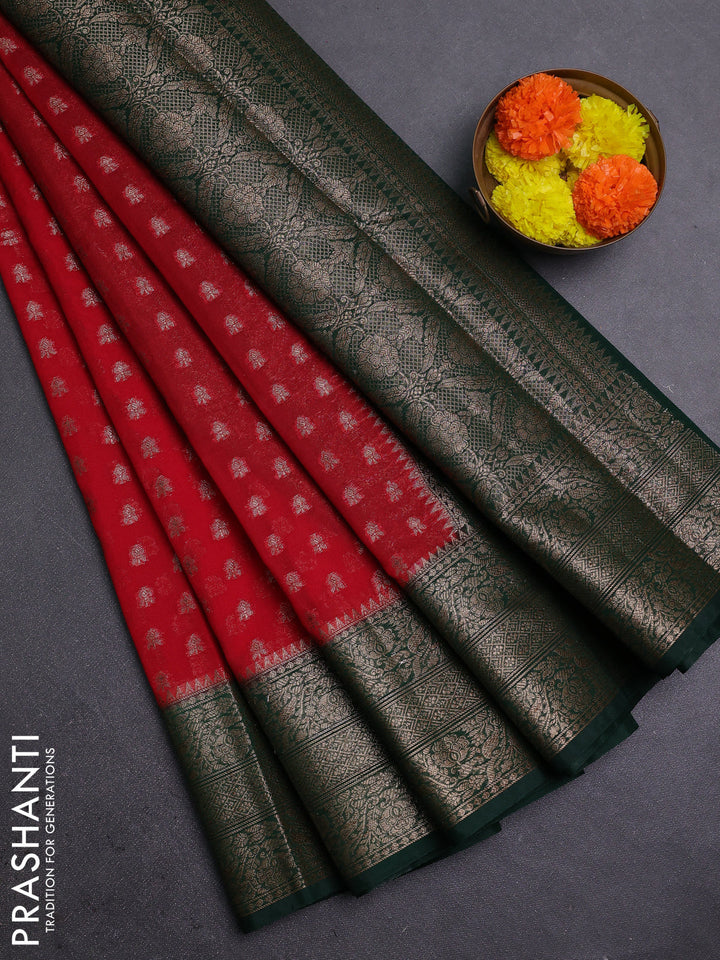 Red & Green Semi Chiniya Silk Saree