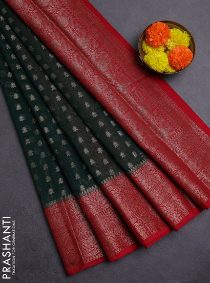 Bottle Green & Red Semi Chiniya Silk Saree