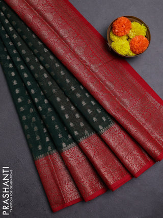 Bottle Green & Red Semi Chiniya Silk Saree