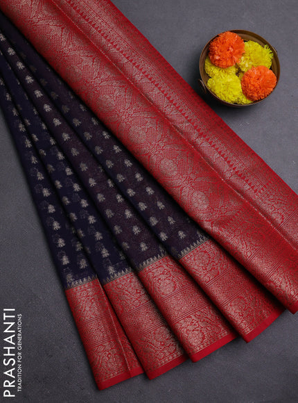 Navy Blue & Red Semi Chiniya Silk Saree