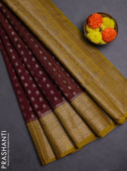 Coffee Brown & Mustard Green Semi Chiniya Silk Saree