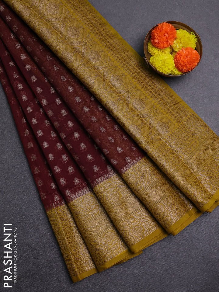Coffee Brown & Mustard Green Semi Chiniya Silk Saree