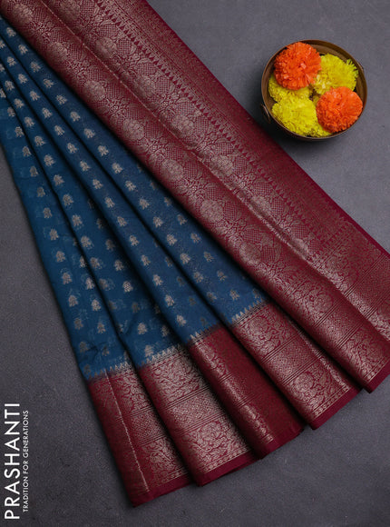 Peacock Blue & Wine Semi Chiniya Silk Saree