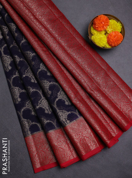 Navy Blue & Red Semi Chiniya Silk Saree